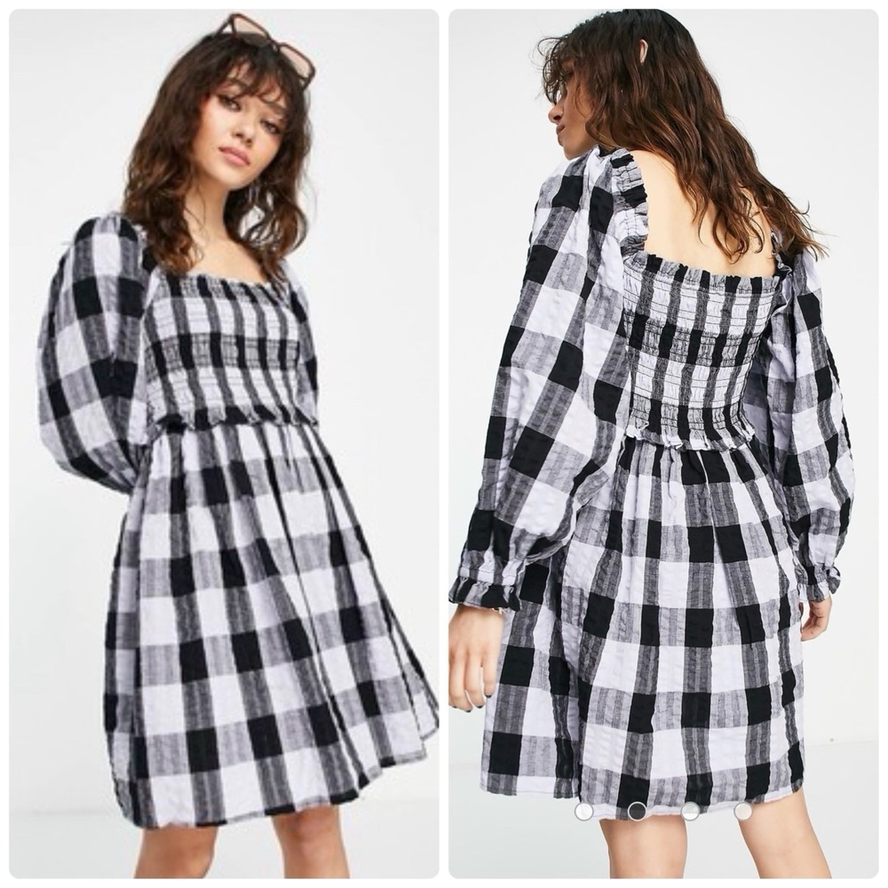 Topshop Mini Dress Size 8 Shirring Seersucker Check Puff Sleeve Smocked Gingham